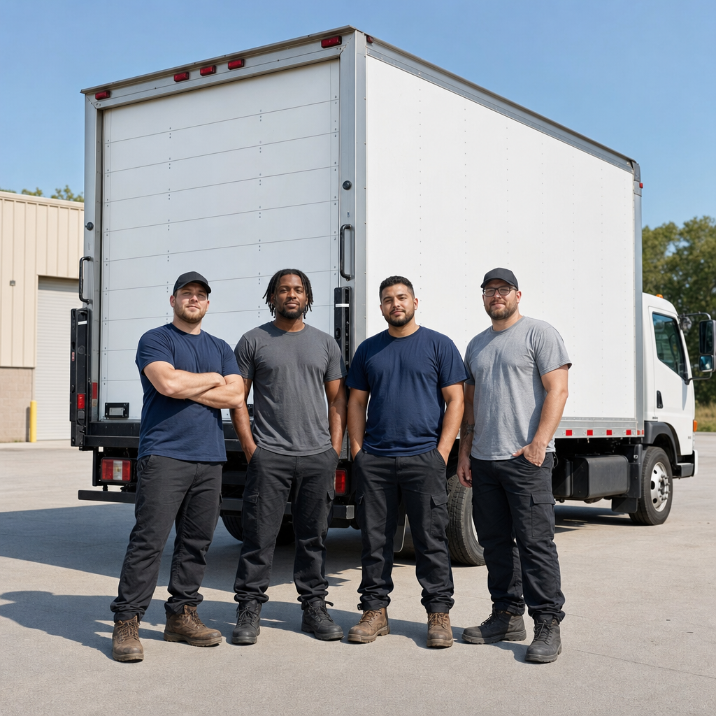 Four uniformed Yuma movers standing relaxed in front of a clean white commercial box truck at the depot