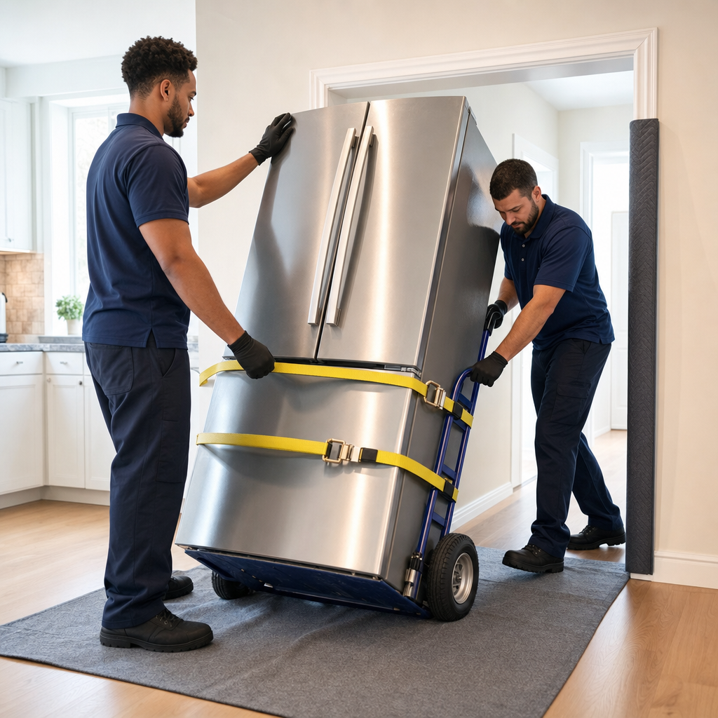 Two uniformed Yuma movers tilting a refrigerator onto an appliance dolly with straps in a kitchen doorway