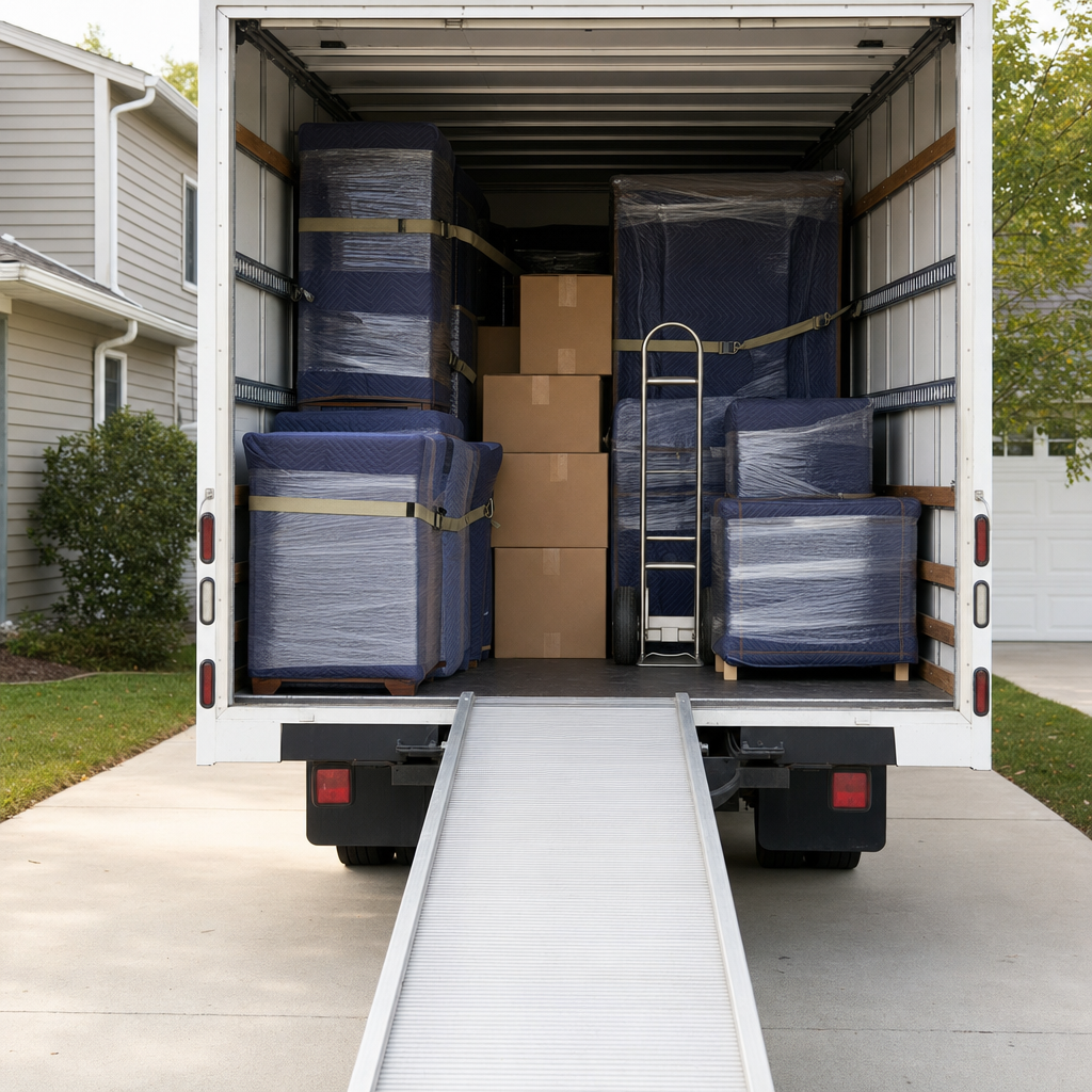 The rear of an open box truck with its loading ramp deployed in a generic driveway, showing an organized load of padded, blanket-wrapped furniture strapped inside