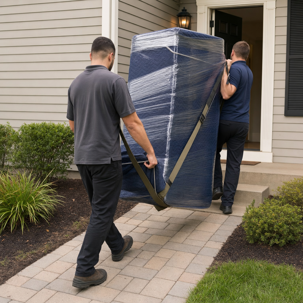 Two uniformed movers carrying a quilted-blanket-wrapped dresser up the front walk of an ordinary single-family home