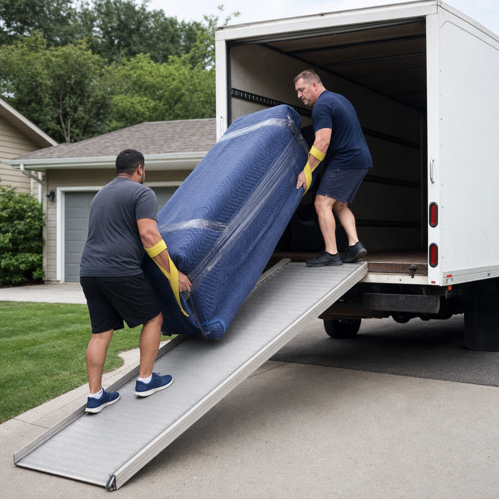 Two uniformed Yuma movers loading wrapped furniture into a rental box truck in a suburban driveway, using hi-vis yellow lifting straps and e-track securing