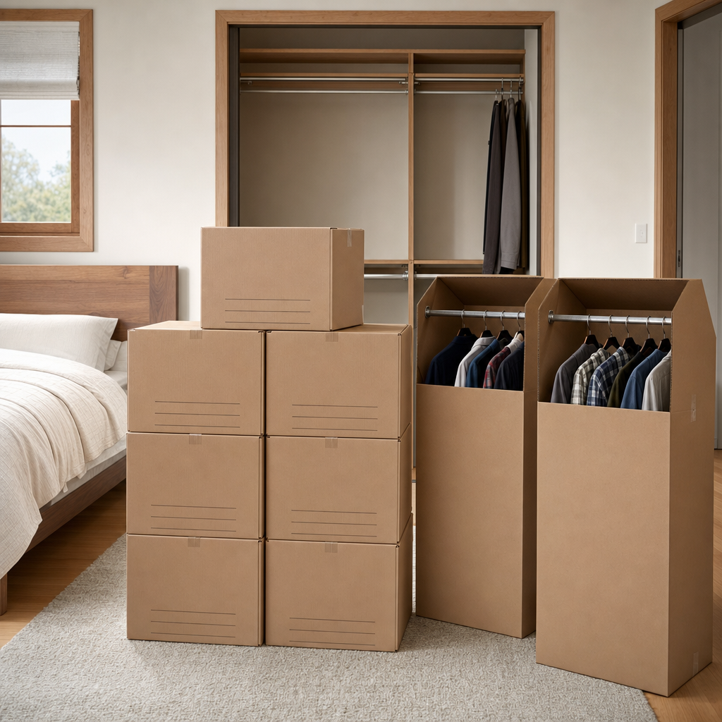 A neat stack of labeled moving cartons in a bedroom with tall wardrobe boxes standing upright beside an open closet