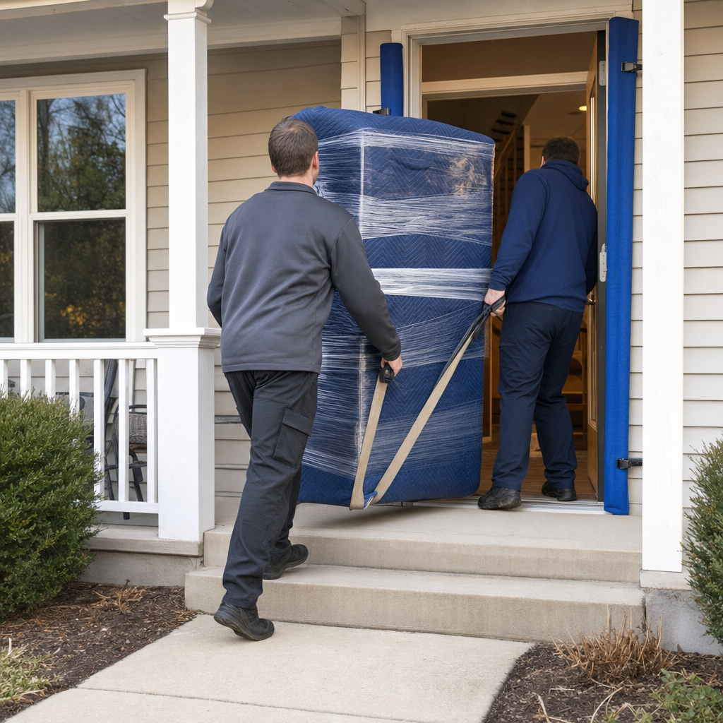 Two uniformed Yuma movers carrying a quilted-blanket-wrapped dresser through a home's front doorway with door-jamb protection in place
