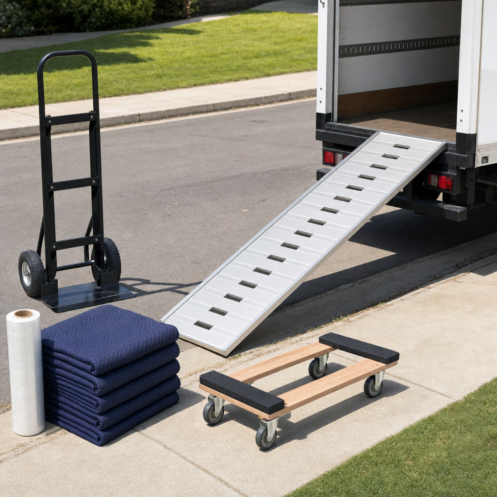 Heavy-duty moving equipment staged at the curb beside a truck ramp, with a hand truck, navy quilted blankets, and a four-wheel dolly ready to load