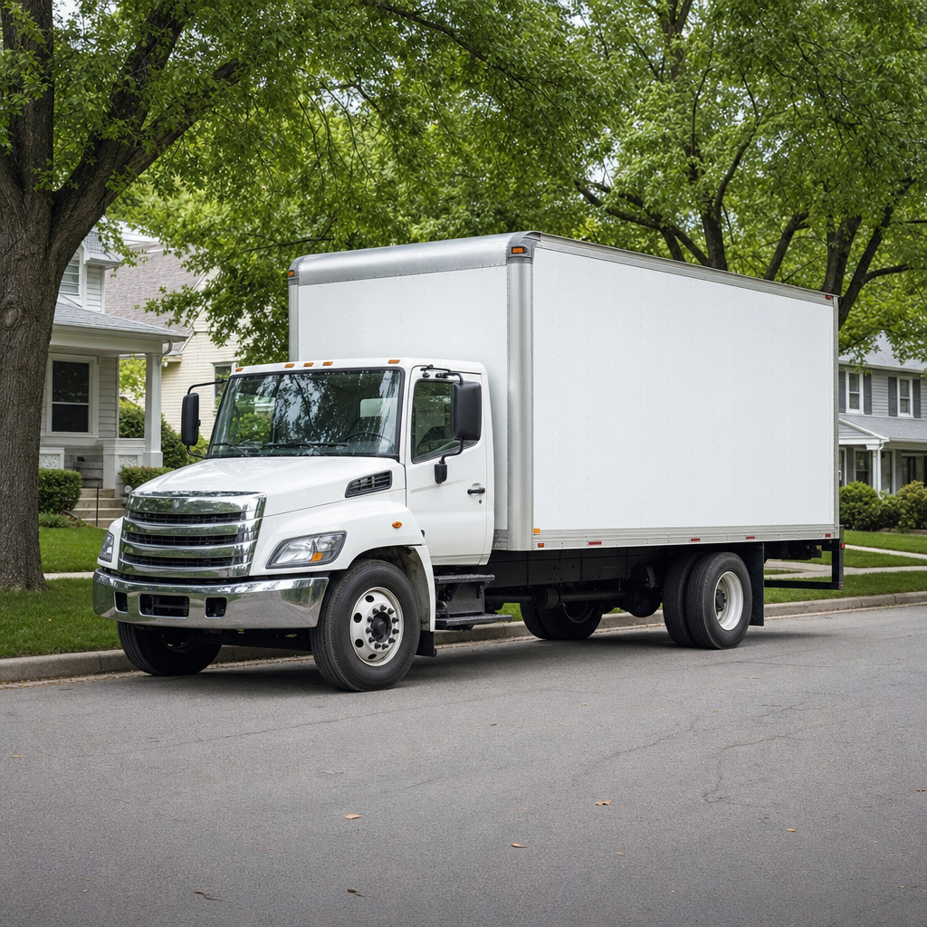 A clean white commercial box truck parked mid-route on a quiet tree-lined residential street, ready to begin a local move